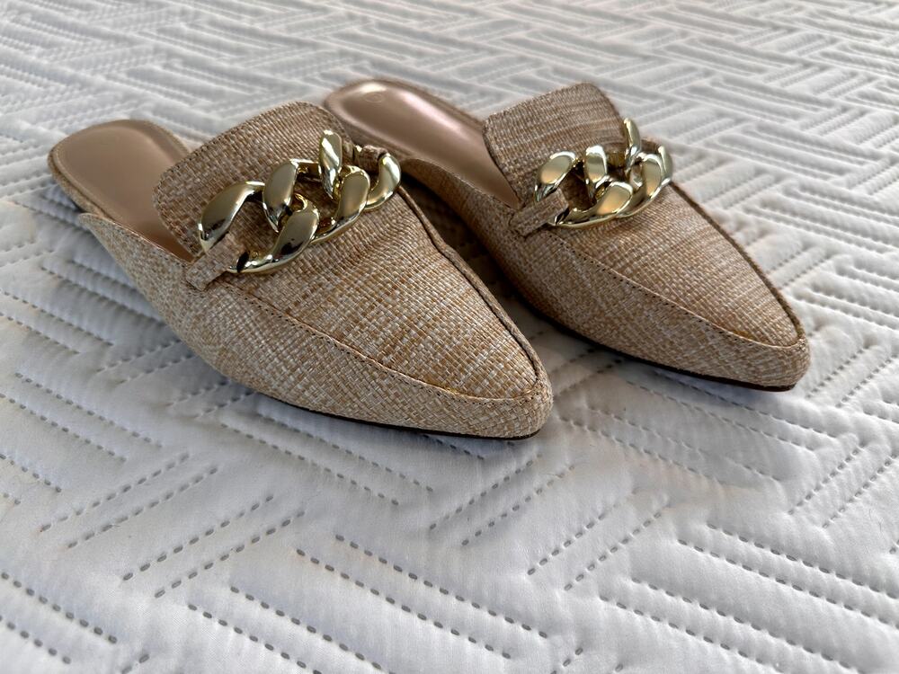 Woven Mule Flats Pointed Toe Metal Chain Backless Loafer Slides Size 9